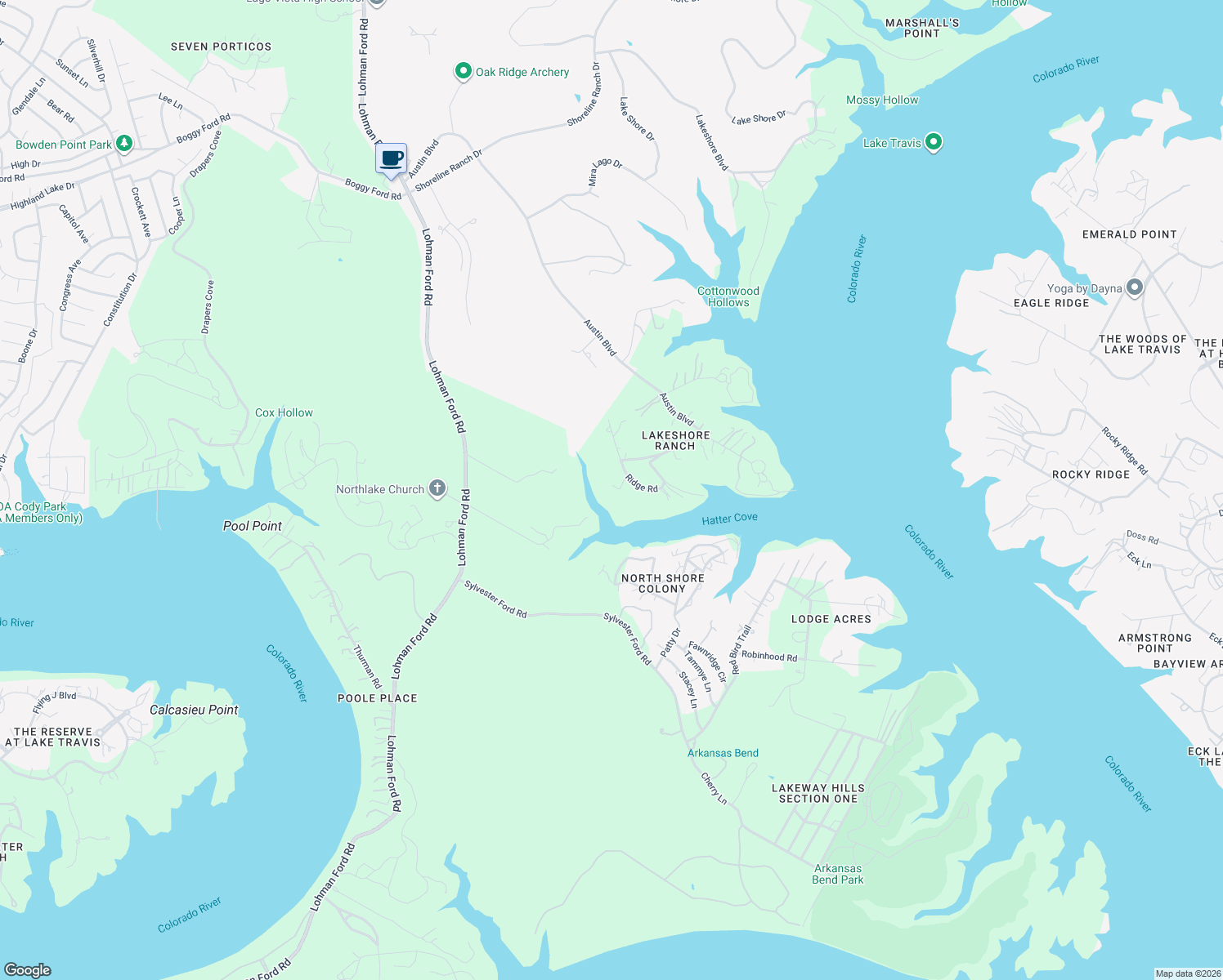 map of restaurants, bars, coffee shops, grocery stores, and more near 18209 Ridge Road in Lago Vista