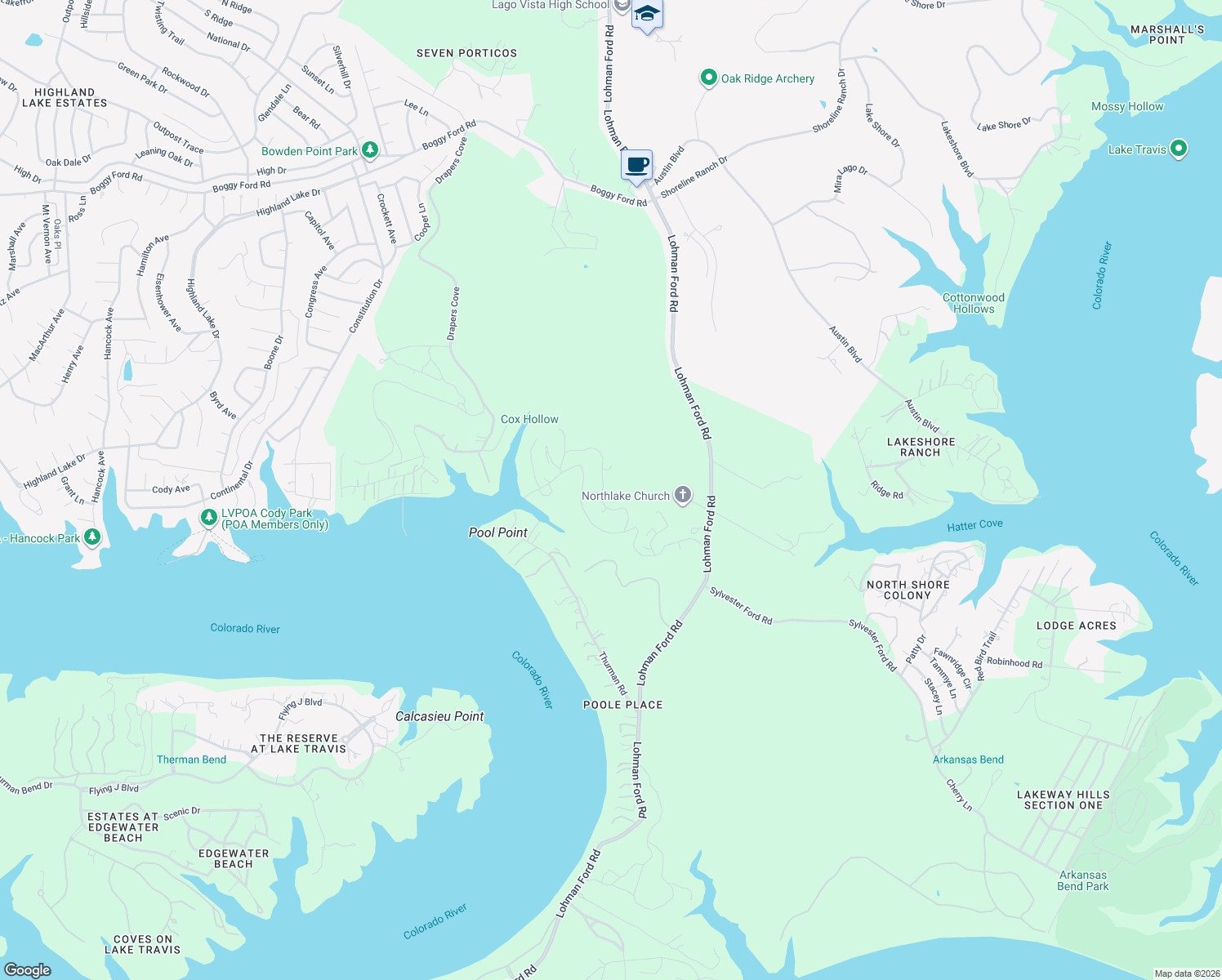 map of restaurants, bars, coffee shops, grocery stores, and more near 3139 Thurman Road in Lago Vista