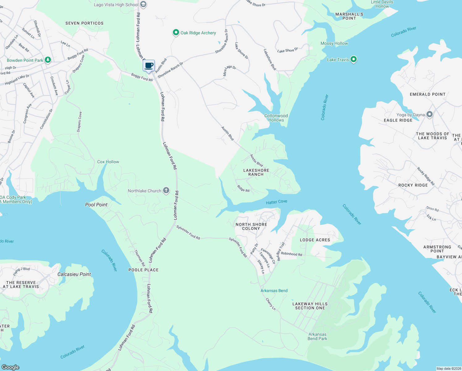 map of restaurants, bars, coffee shops, grocery stores, and more near 18209 Ridge Road in Lago Vista