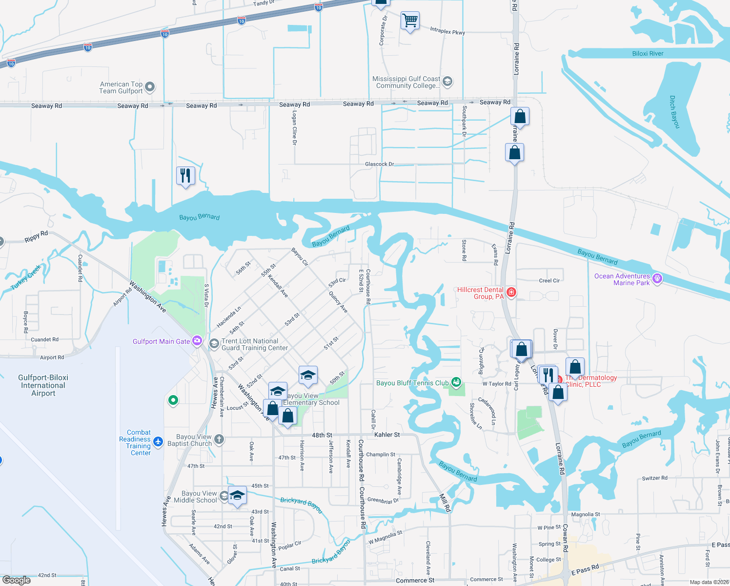 map of restaurants, bars, coffee shops, grocery stores, and more near 18 East 52nd Street in Gulfport