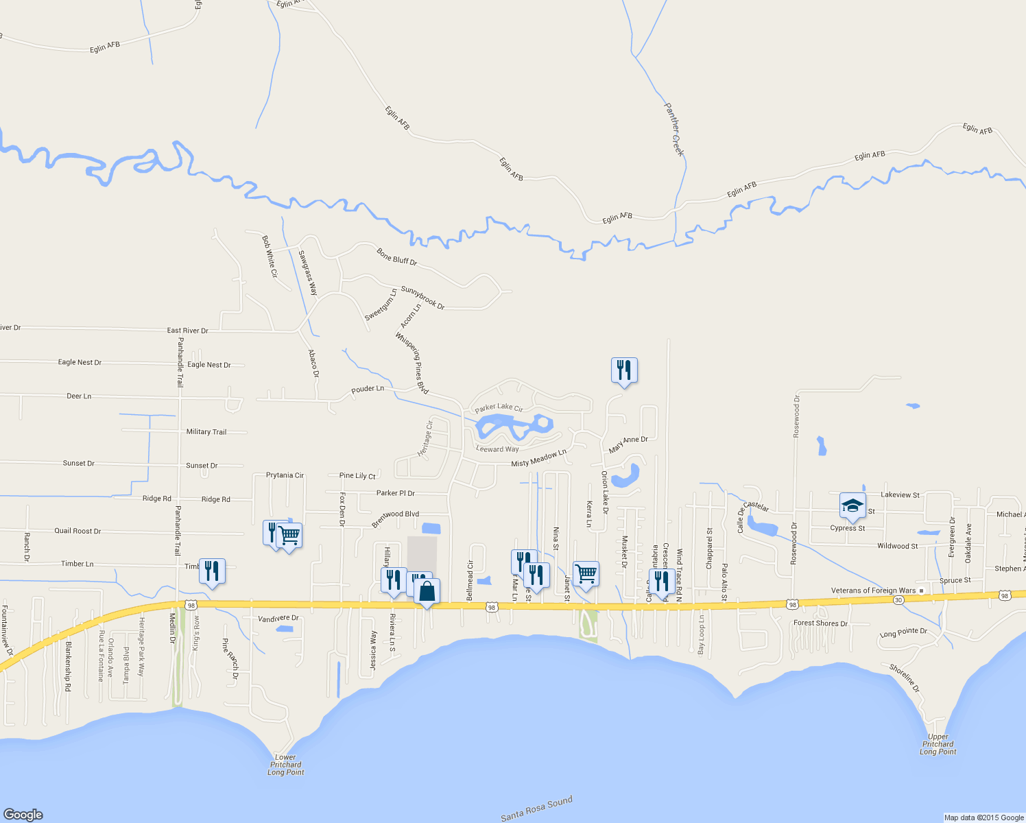 map of restaurants, bars, coffee shops, grocery stores, and more near 9984 Parker Lake Circle in Navarre