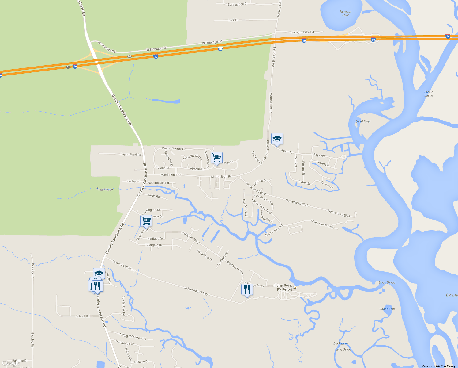 map of restaurants, bars, coffee shops, grocery stores, and more near 1625 Martin Bluff Road in Gautier