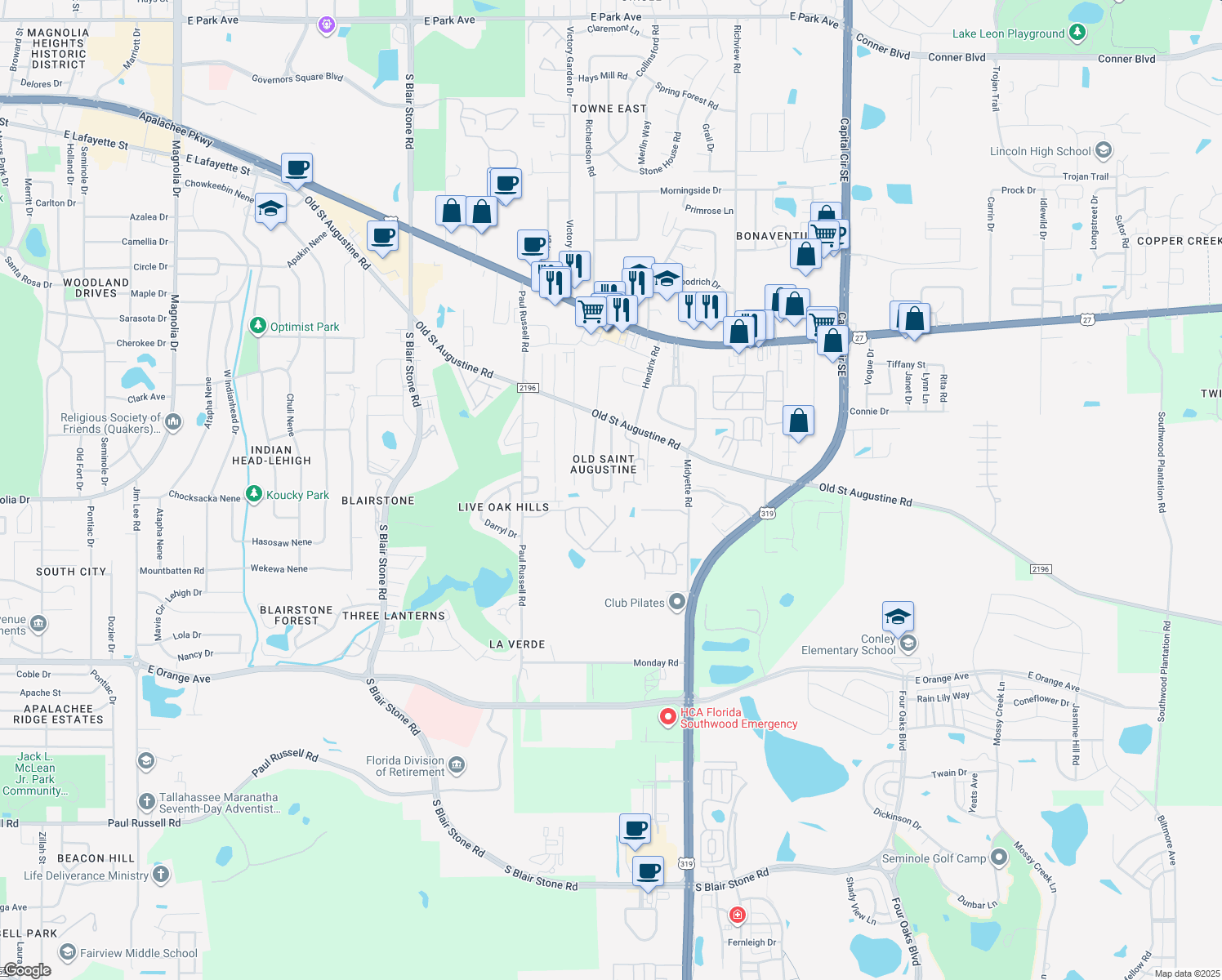 map of restaurants, bars, coffee shops, grocery stores, and more near 1567 Pine View Drive in Tallahassee