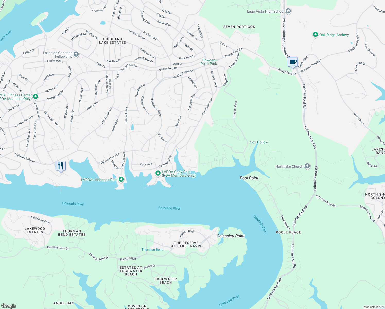 map of restaurants, bars, coffee shops, grocery stores, and more near 3013 Constitution Square in Lago Vista