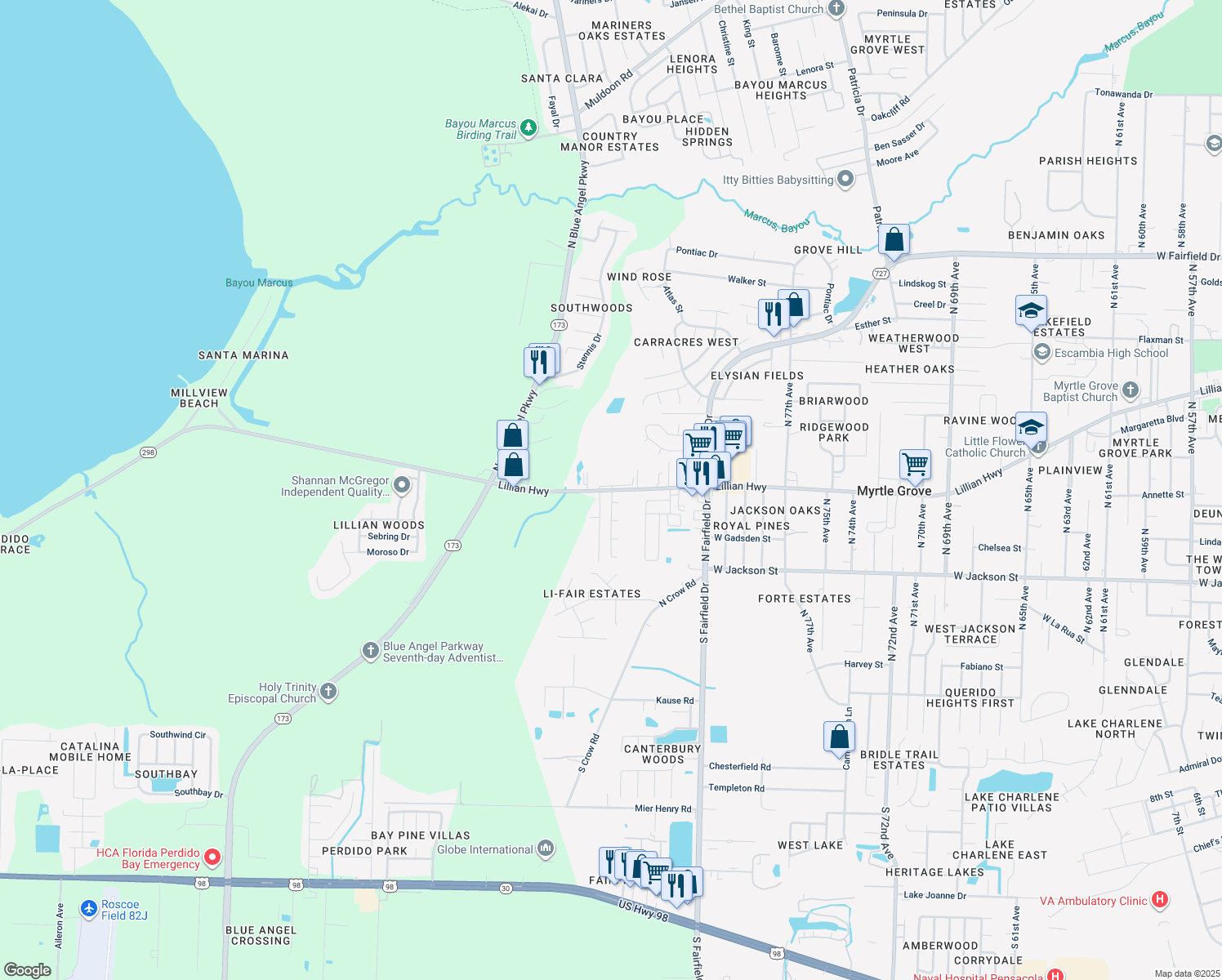 map of restaurants, bars, coffee shops, grocery stores, and more near 8282 Lillian Highway in Pensacola