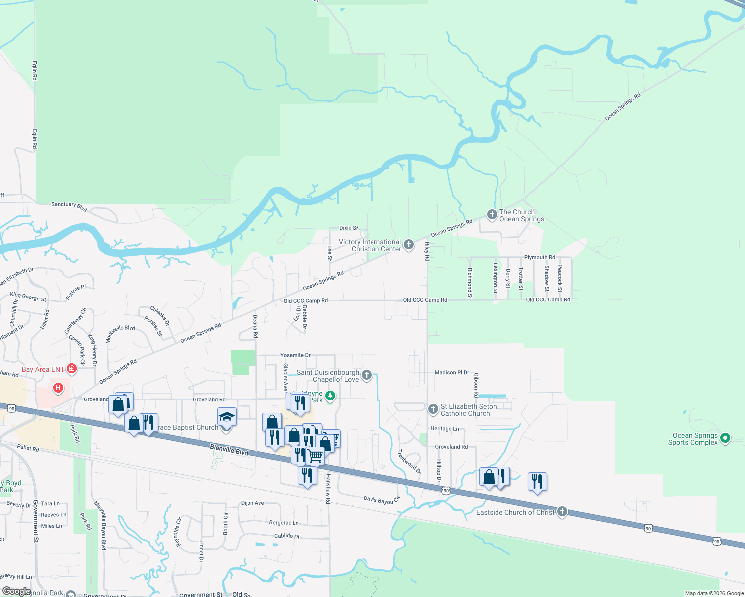 map of restaurants, bars, coffee shops, grocery stores, and more near 8616 Old CCC Camp Road in Ocean Springs