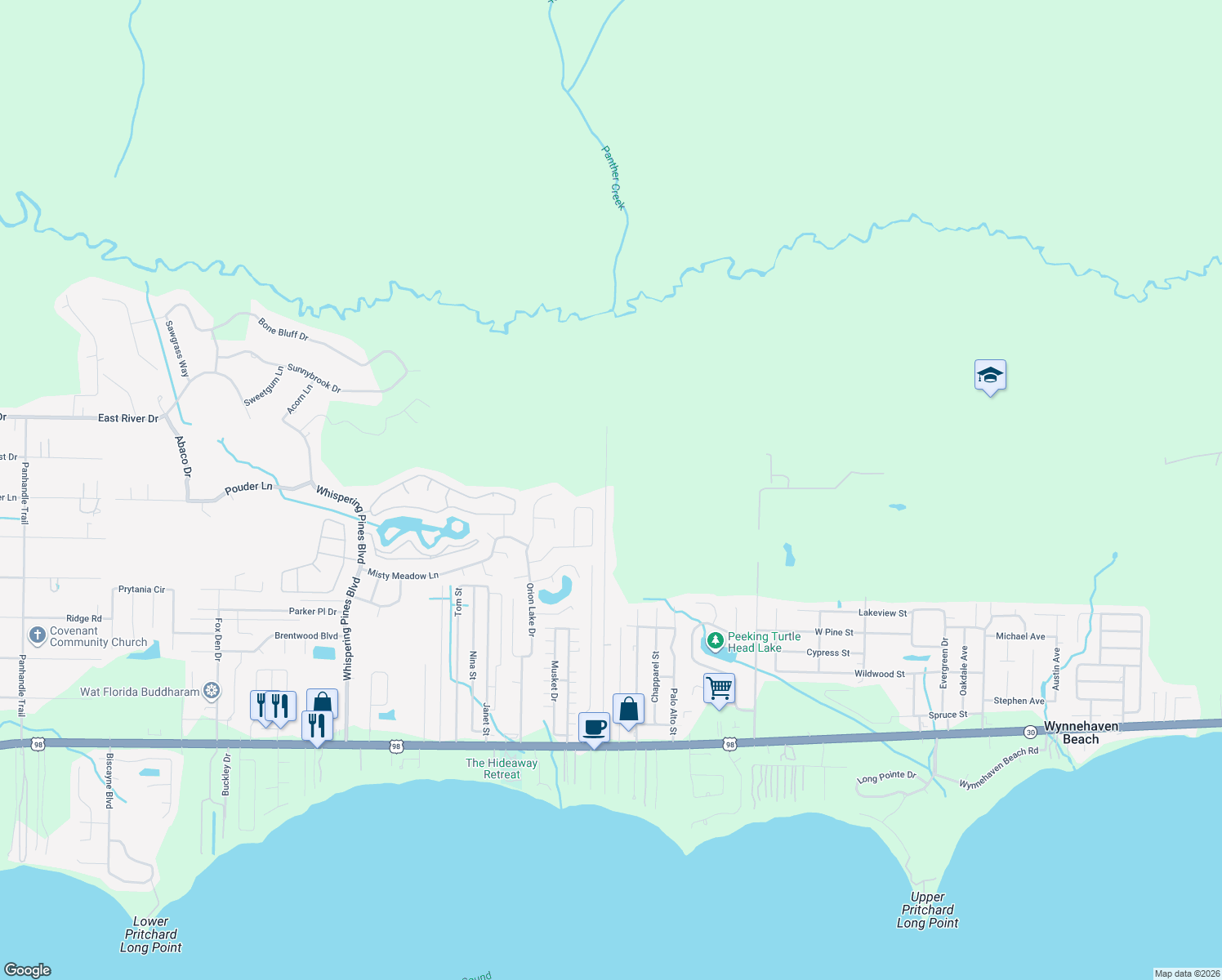 map of restaurants, bars, coffee shops, grocery stores, and more near 2422 Crescent Wood Road in Navarre