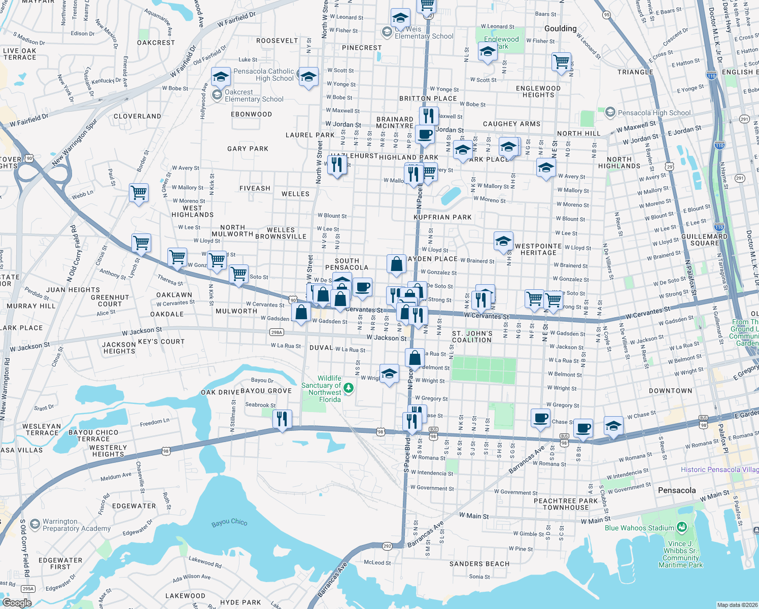 map of restaurants, bars, coffee shops, grocery stores, and more near 2300 West Cervantes Street in Pensacola