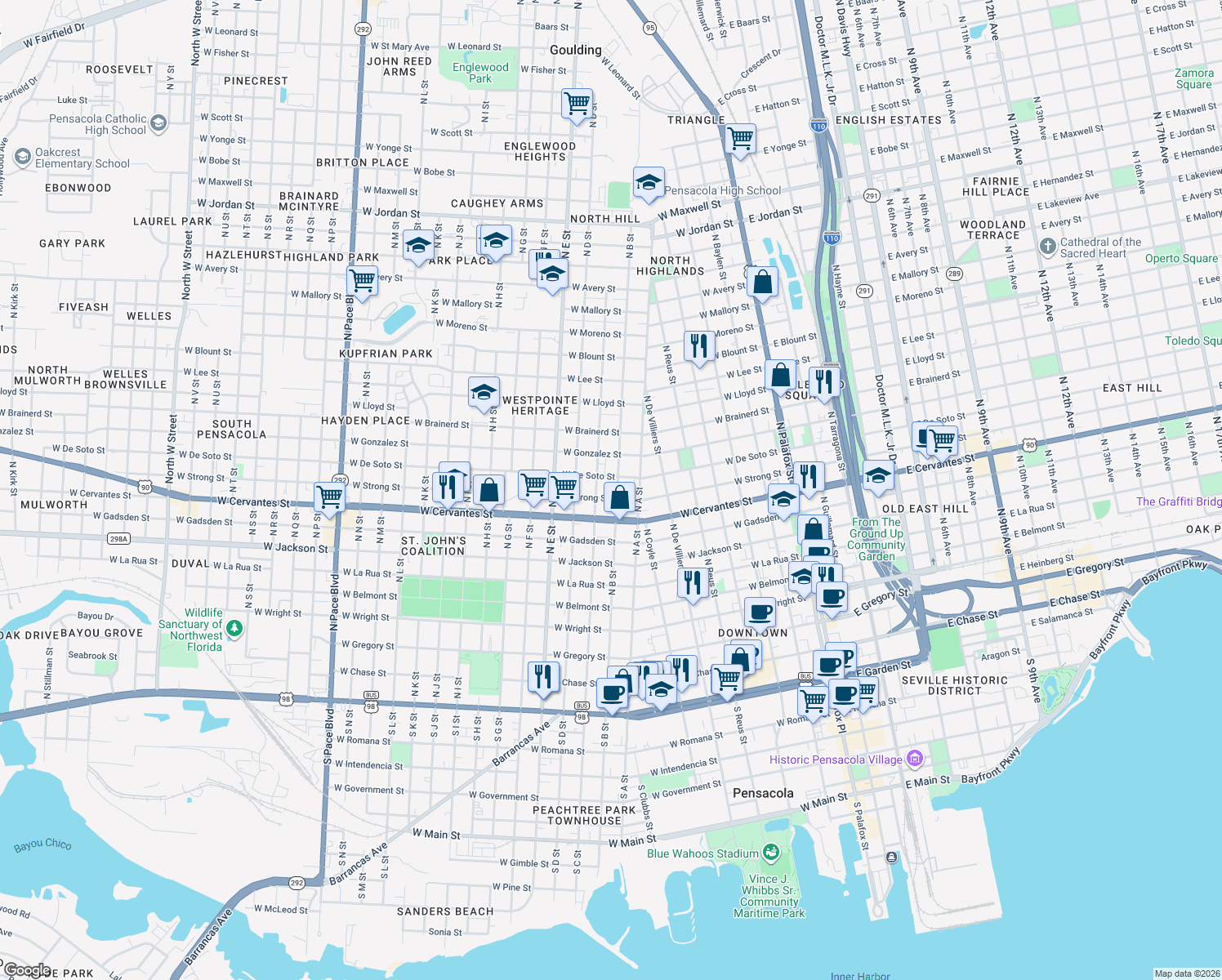 map of restaurants, bars, coffee shops, grocery stores, and more near 900 North B Street in Pensacola