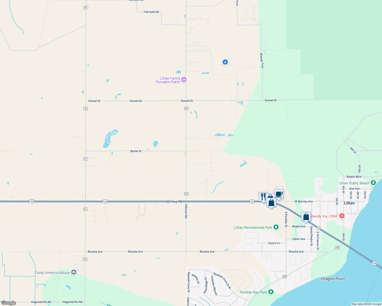 map of restaurants, bars, coffee shops, grocery stores, and more near 13478 County Road 93 in Lillian