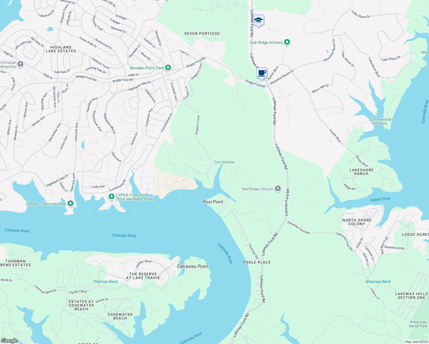 map of restaurants, bars, coffee shops, grocery stores, and more near 19336 Treat Trail in Lago Vista