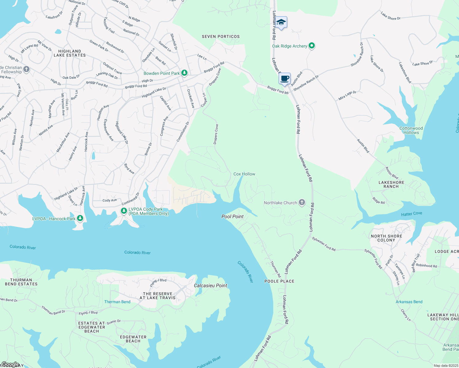 map of restaurants, bars, coffee shops, grocery stores, and more near 19336 Treat Trail in Lago Vista