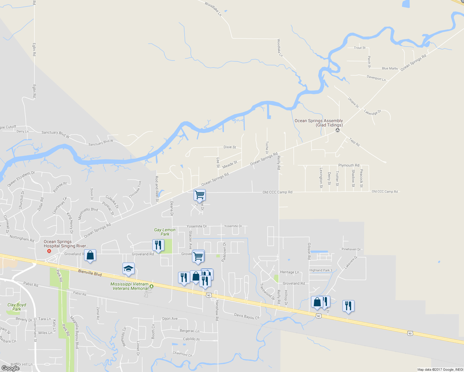 map of restaurants, bars, coffee shops, grocery stores, and more near 8708 Old CCC Camp Rd in Ocean Springs