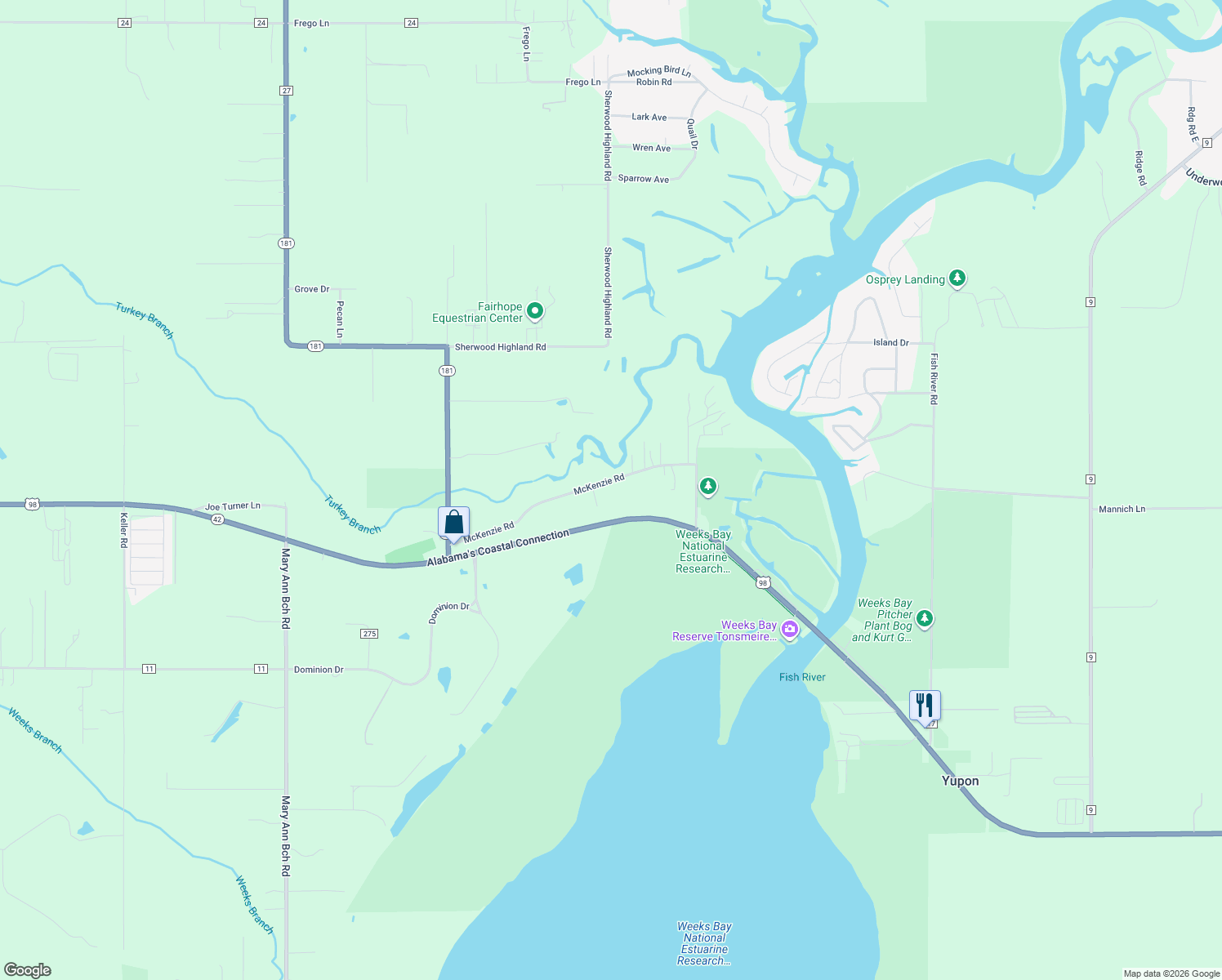 map of restaurants, bars, coffee shops, grocery stores, and more near 11020 McKenzie Rd in Fairhope