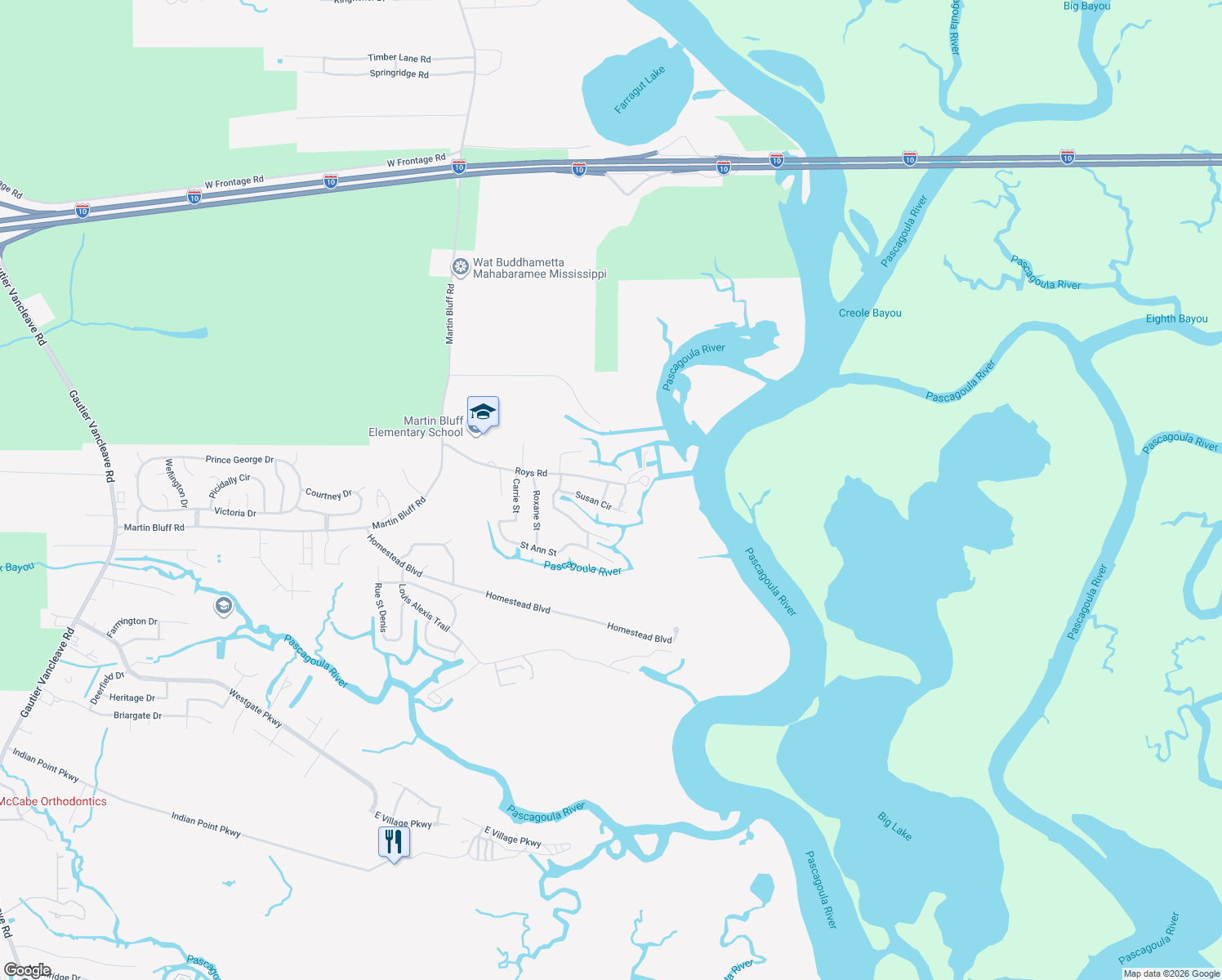 map of restaurants, bars, coffee shops, grocery stores, and more near 5612 James Street in Gautier