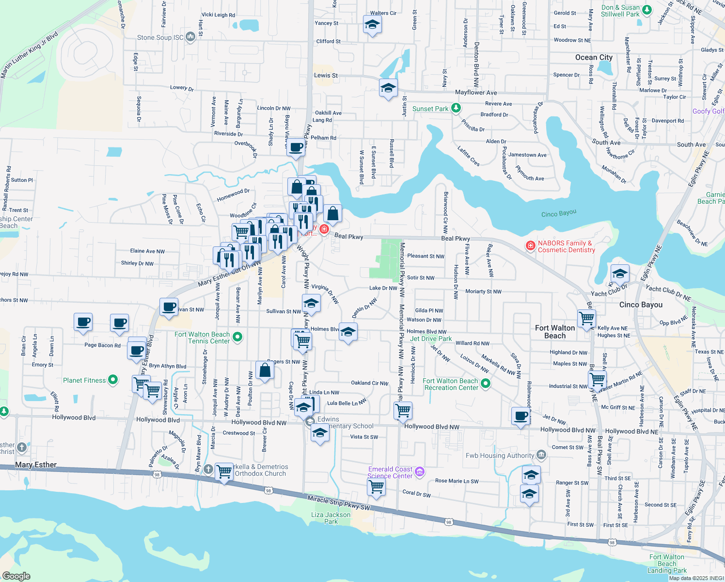 map of restaurants, bars, coffee shops, grocery stores, and more near 324 Lake Drive Northwest in Fort Walton Beach