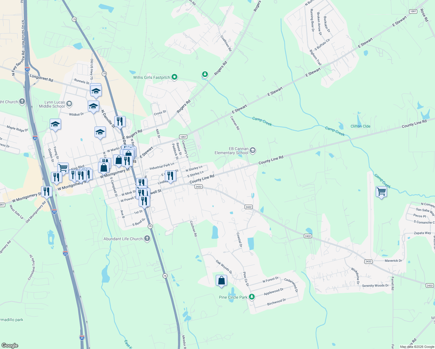 map of restaurants, bars, coffee shops, grocery stores, and more near 7363 County Line Road in Willis