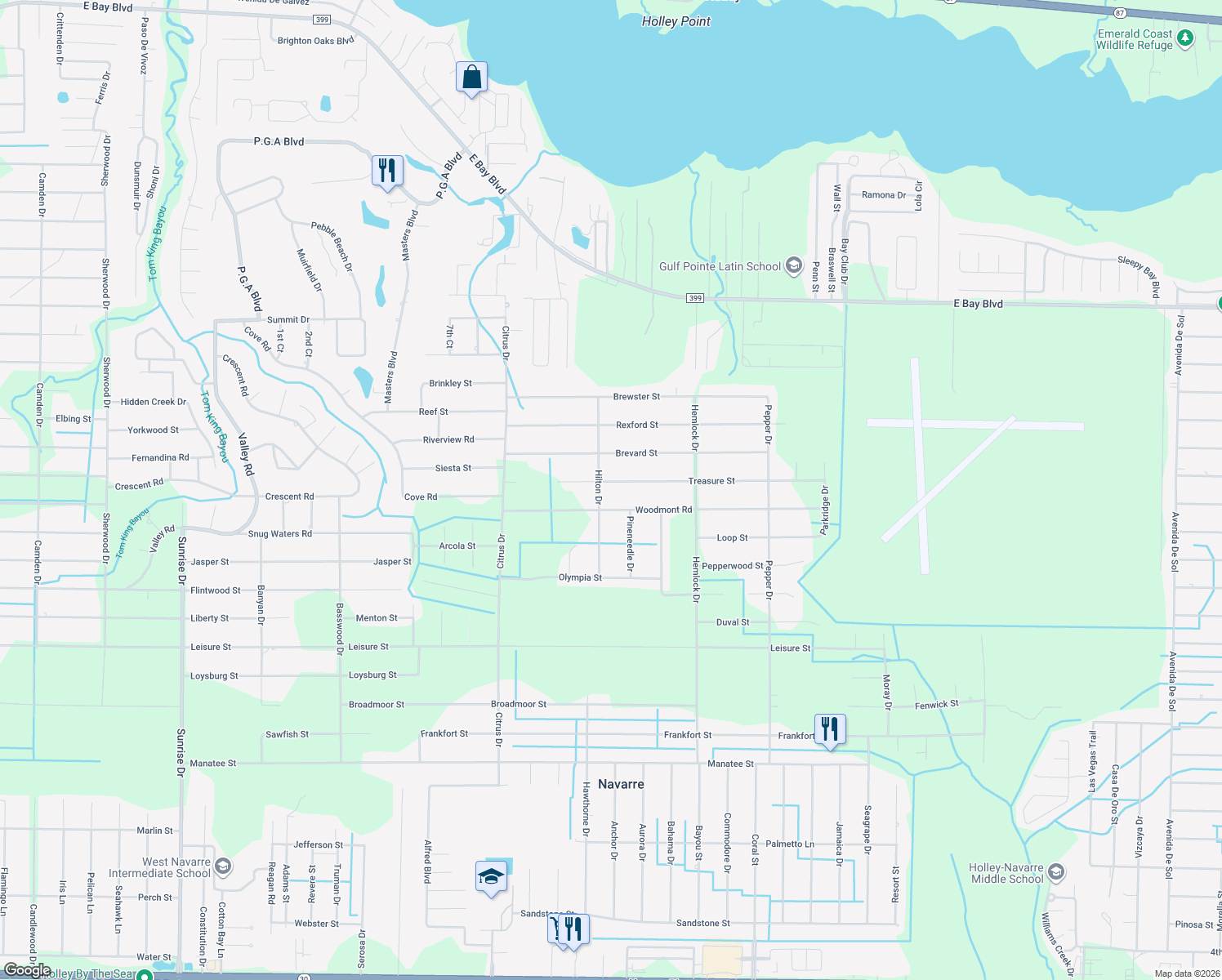 map of restaurants, bars, coffee shops, grocery stores, and more near 7409 Treasure Street in Navarre