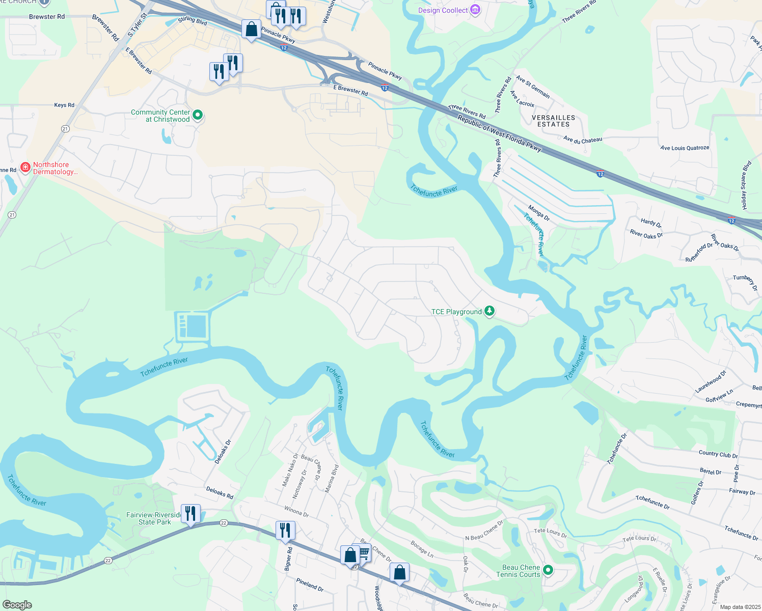 map of restaurants, bars, coffee shops, grocery stores, and more near 1 Larkspur Ln in Covington