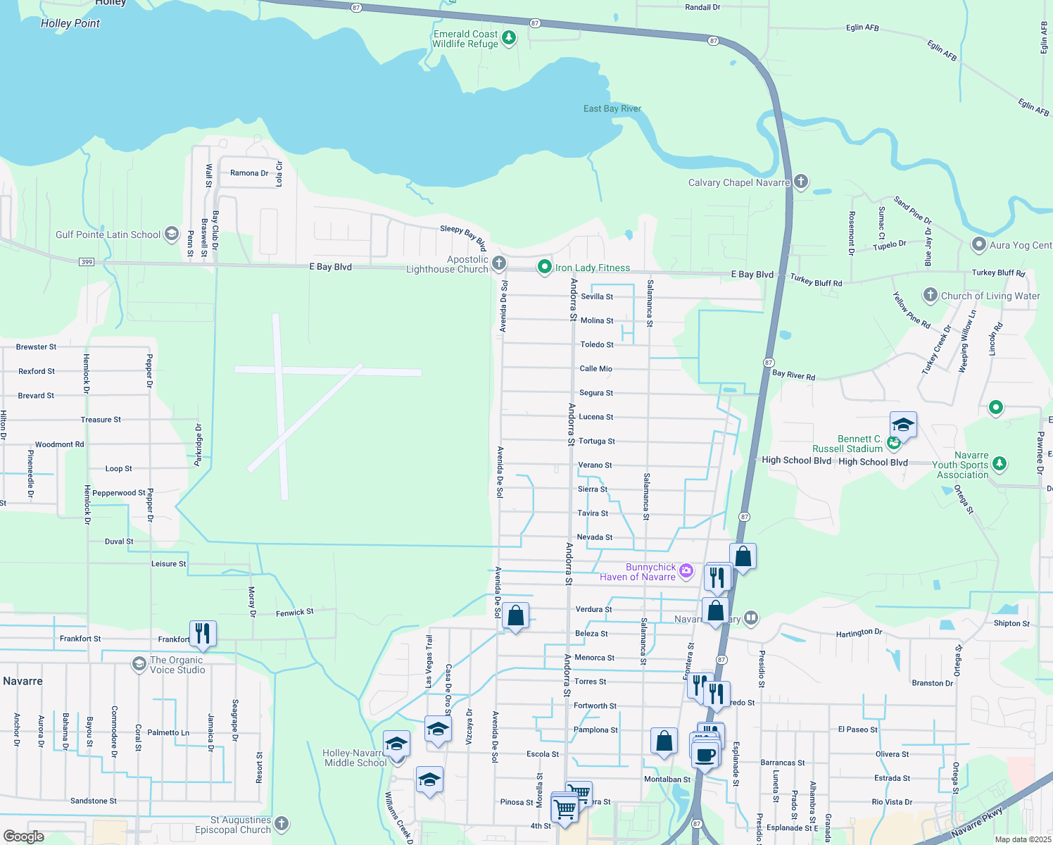 map of restaurants, bars, coffee shops, grocery stores, and more near 8157 Lucena Street in Navarre