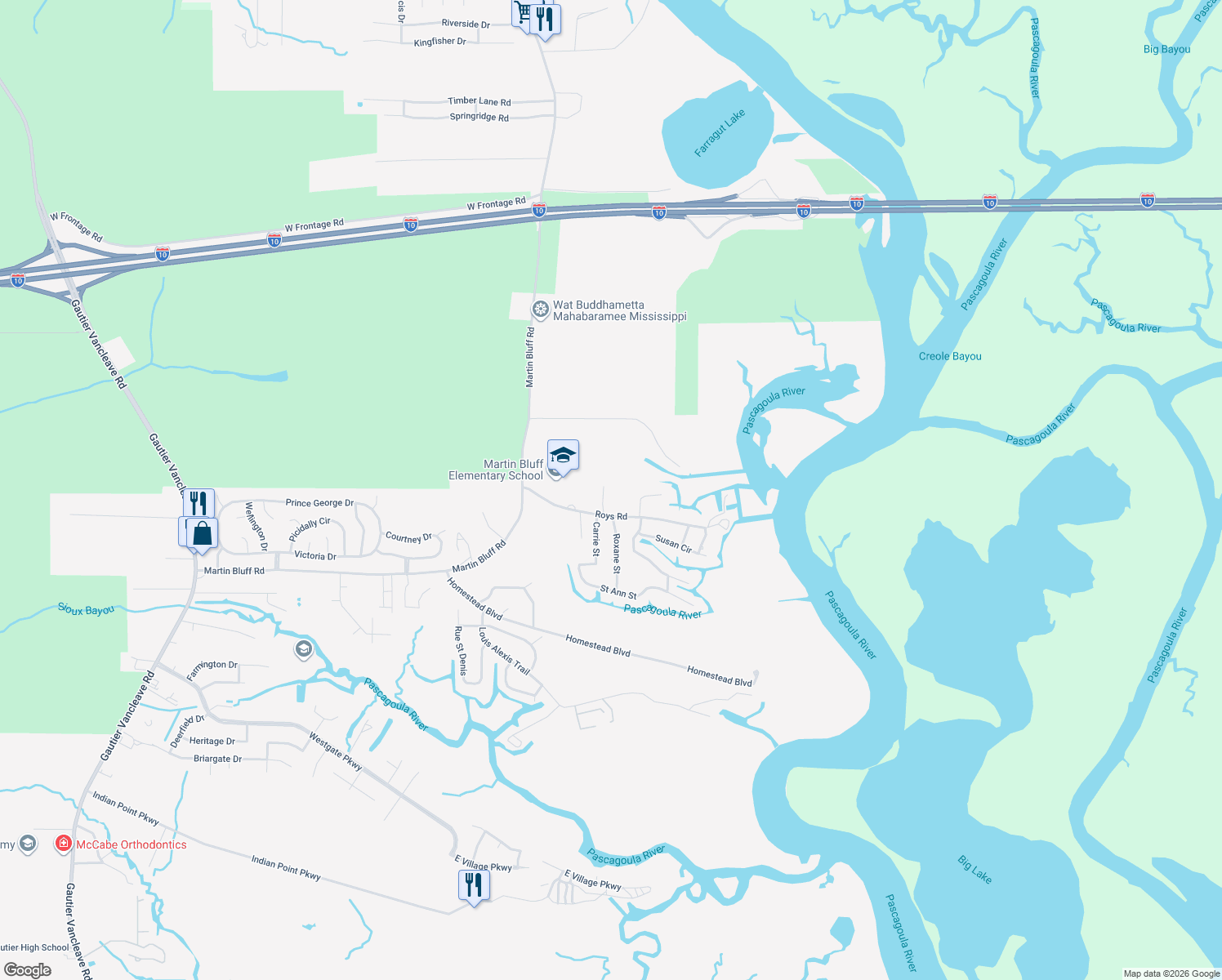 map of restaurants, bars, coffee shops, grocery stores, and more near 1016 Roys Rd in Gautier