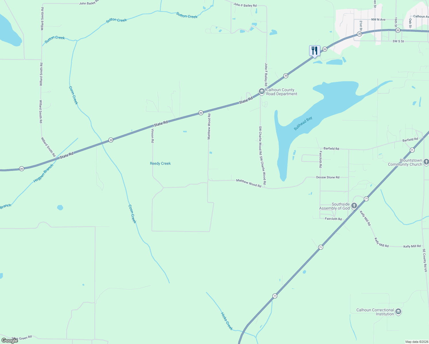map of restaurants, bars, coffee shops, grocery stores, and more near 18979 South West Matthew Wood Road in Blountstown