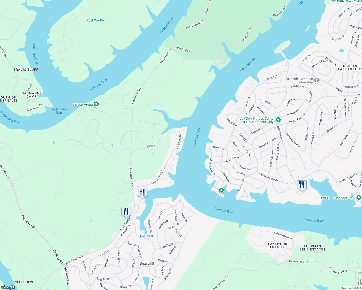 map of restaurants, bars, coffee shops, grocery stores, and more near 1601 Judy Lynn Drive in Spicewood