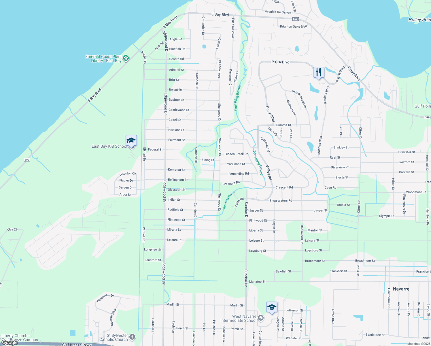 map of restaurants, bars, coffee shops, grocery stores, and more near 6751 Kempton Street in Navarre