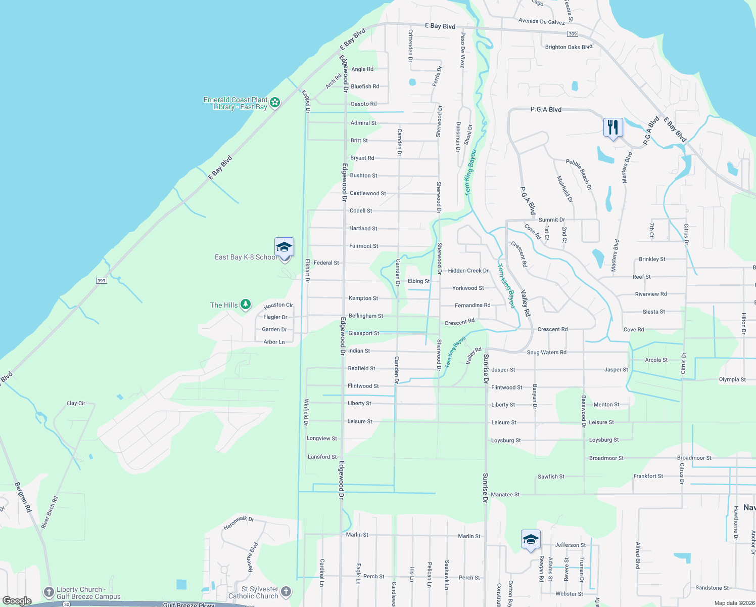 map of restaurants, bars, coffee shops, grocery stores, and more near 6661 Kempton Street in Navarre