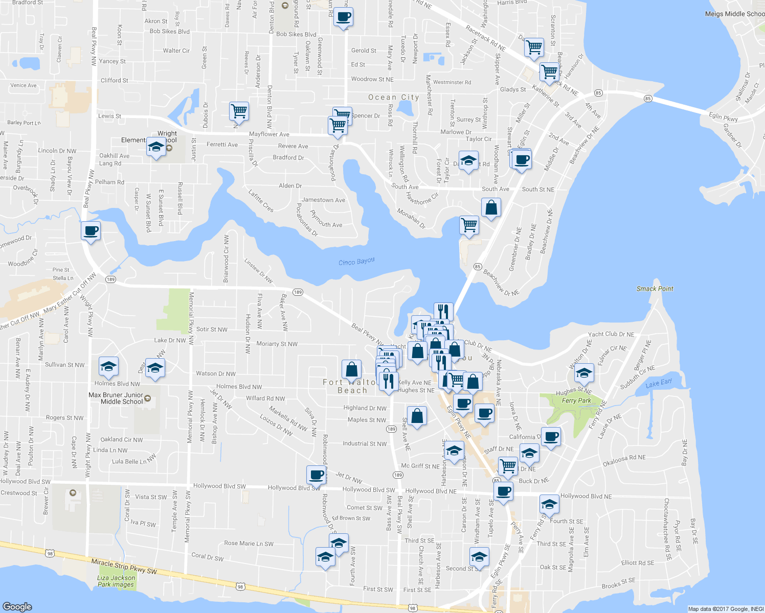 map of restaurants, bars, coffee shops, grocery stores, and more near 14 Wisteria Court Northwest in Fort Walton Beach