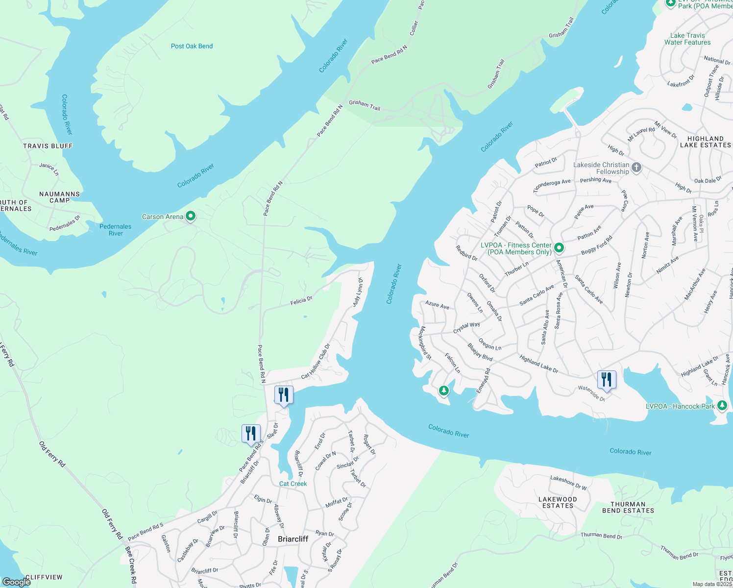 map of restaurants, bars, coffee shops, grocery stores, and more near 1605 Judy Lynn Drive in Spicewood
