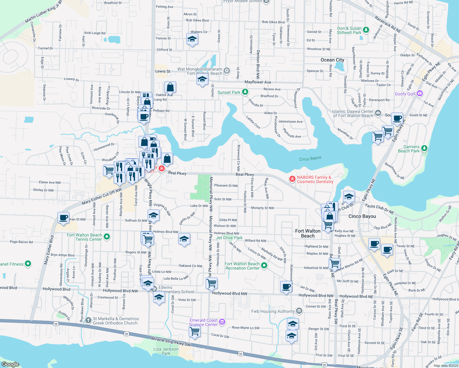 map of restaurants, bars, coffee shops, grocery stores, and more near 221 Pleasant Street Northwest in Fort Walton Beach