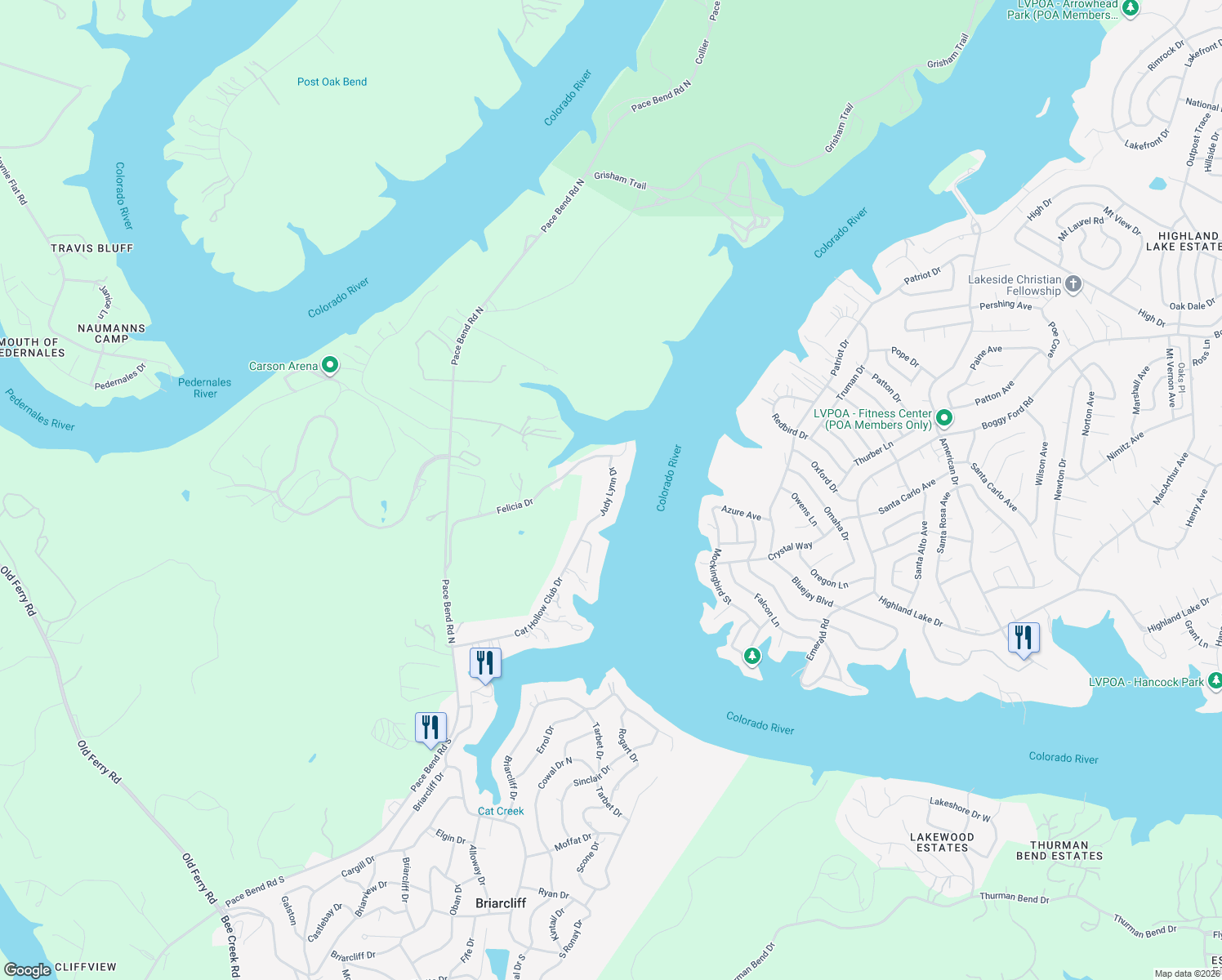 map of restaurants, bars, coffee shops, grocery stores, and more near 1798 Judy Lynn Drive in Briarcliff