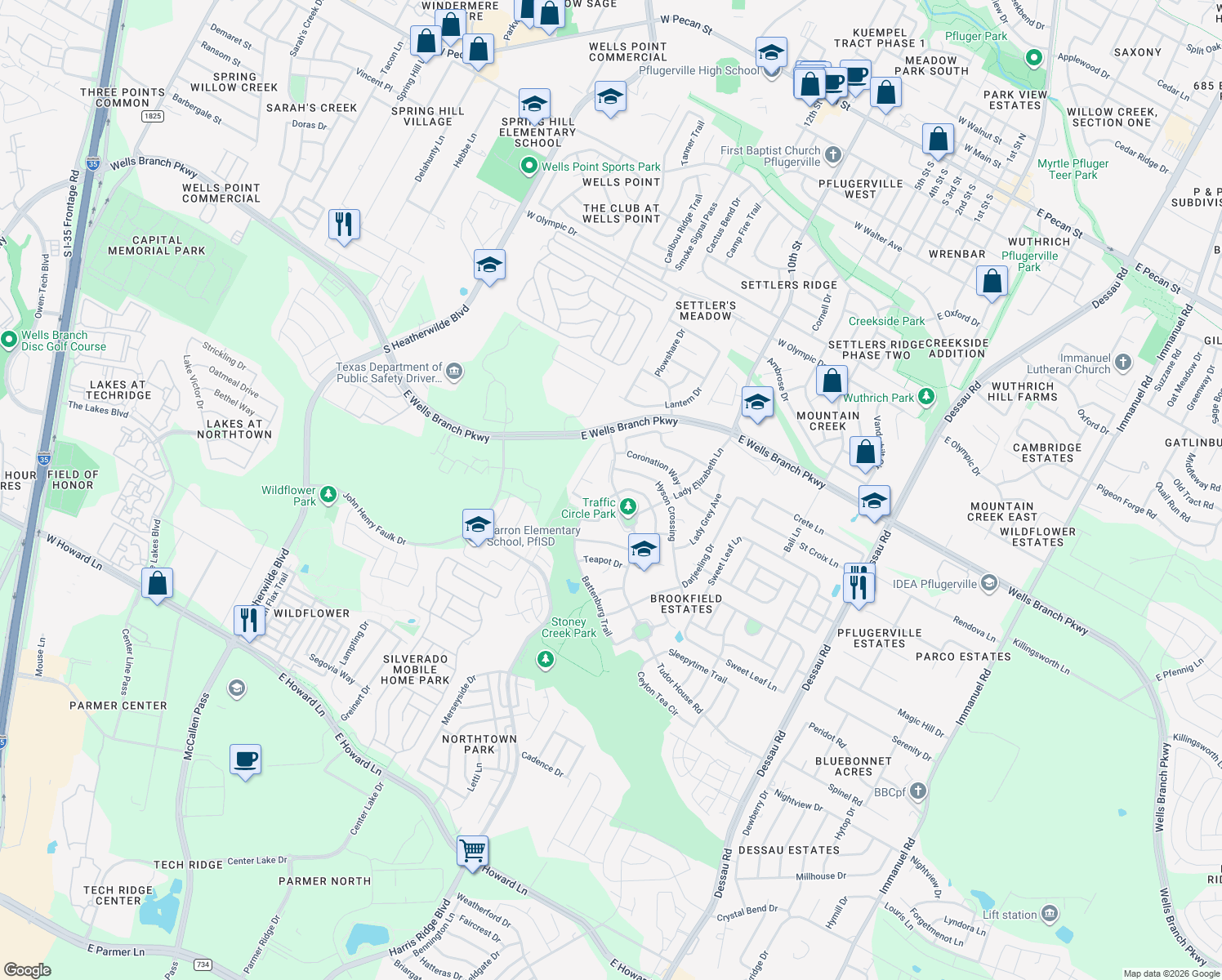 map of restaurants, bars, coffee shops, grocery stores, and more near 14916 Earl Grey Lane in Pflugerville