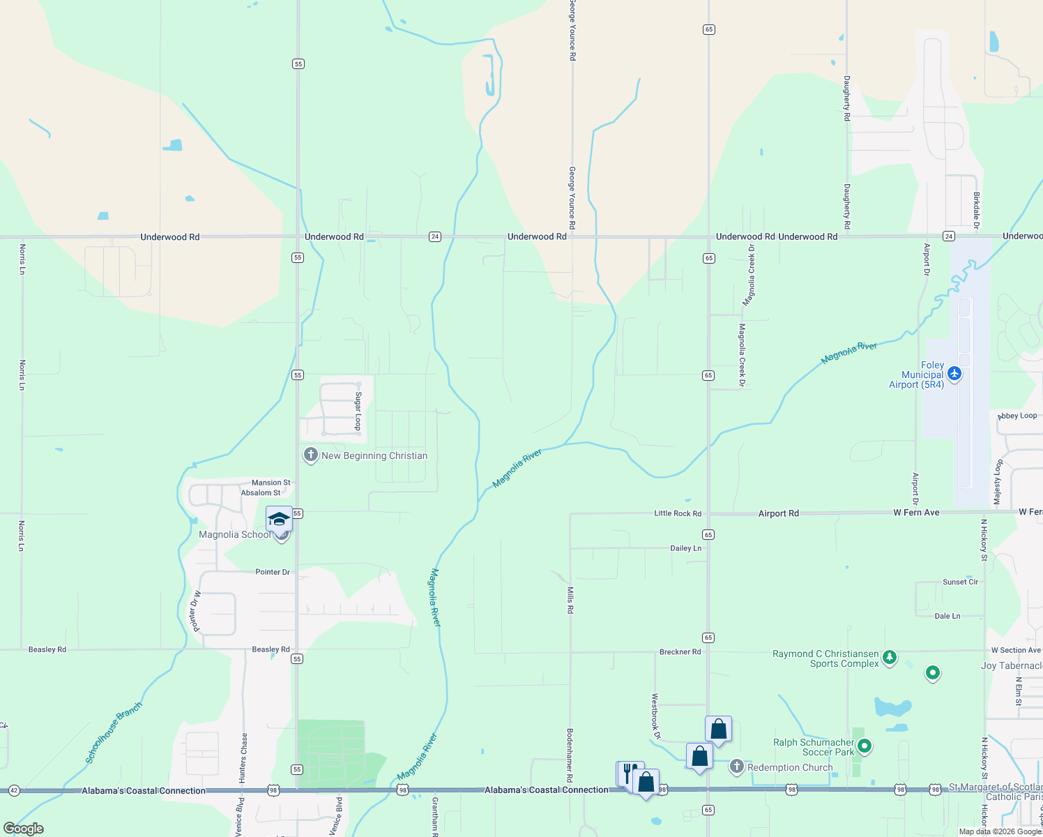 map of restaurants, bars, coffee shops, grocery stores, and more near 13971 George Younce Rd in Foley