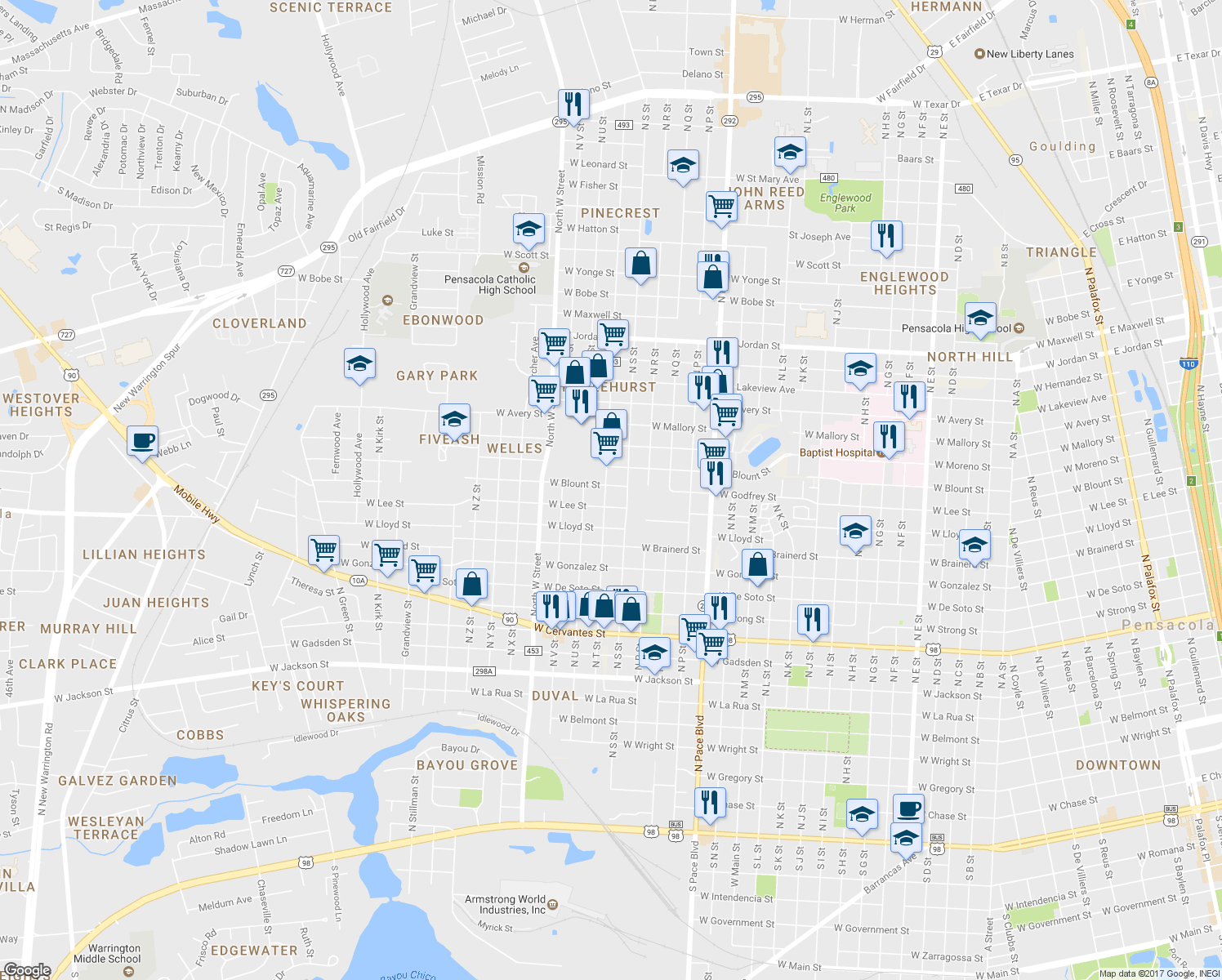 map of restaurants, bars, coffee shops, grocery stores, and more near 1416 North T Street in Pensacola