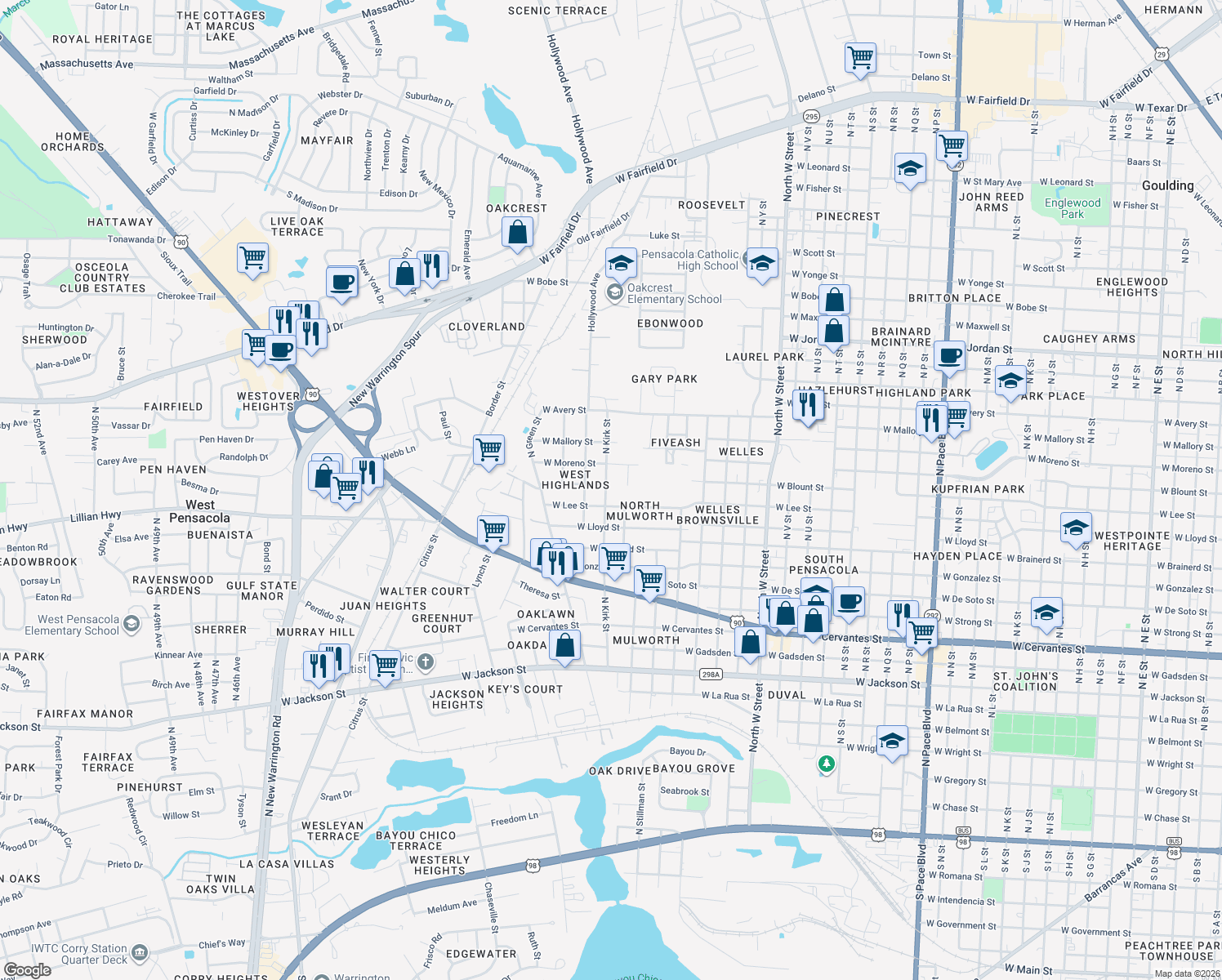 map of restaurants, bars, coffee shops, grocery stores, and more near 1414 North Kirk Street in Pensacola