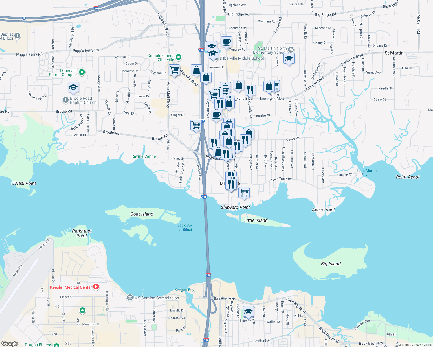 map of restaurants, bars, coffee shops, grocery stores, and more near 3349 W Race Track Rd in D'Iberville