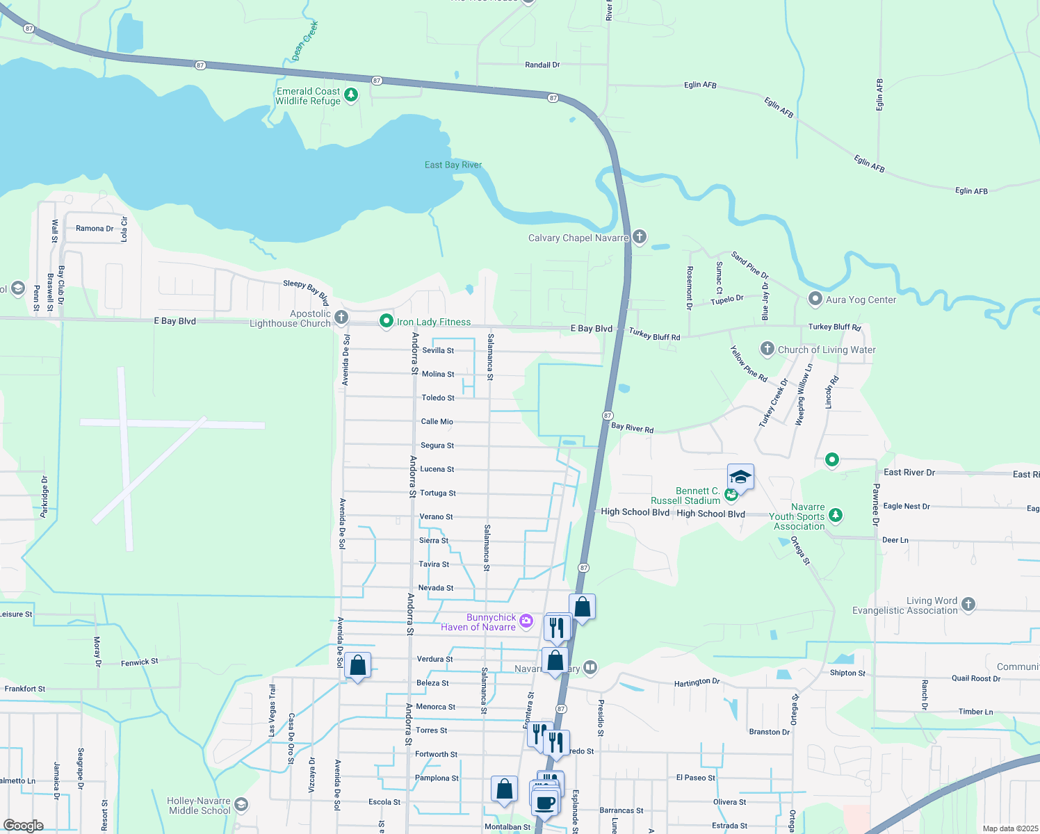 map of restaurants, bars, coffee shops, grocery stores, and more near 8374 Calle Mio in Navarre
