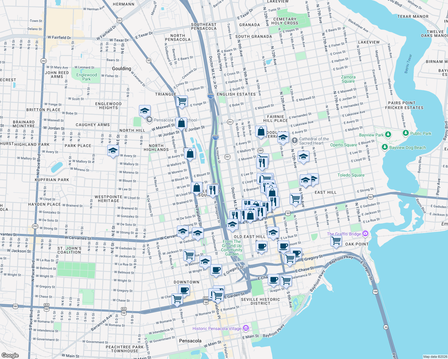map of restaurants, bars, coffee shops, grocery stores, and more near 305 East Lee Street in Pensacola