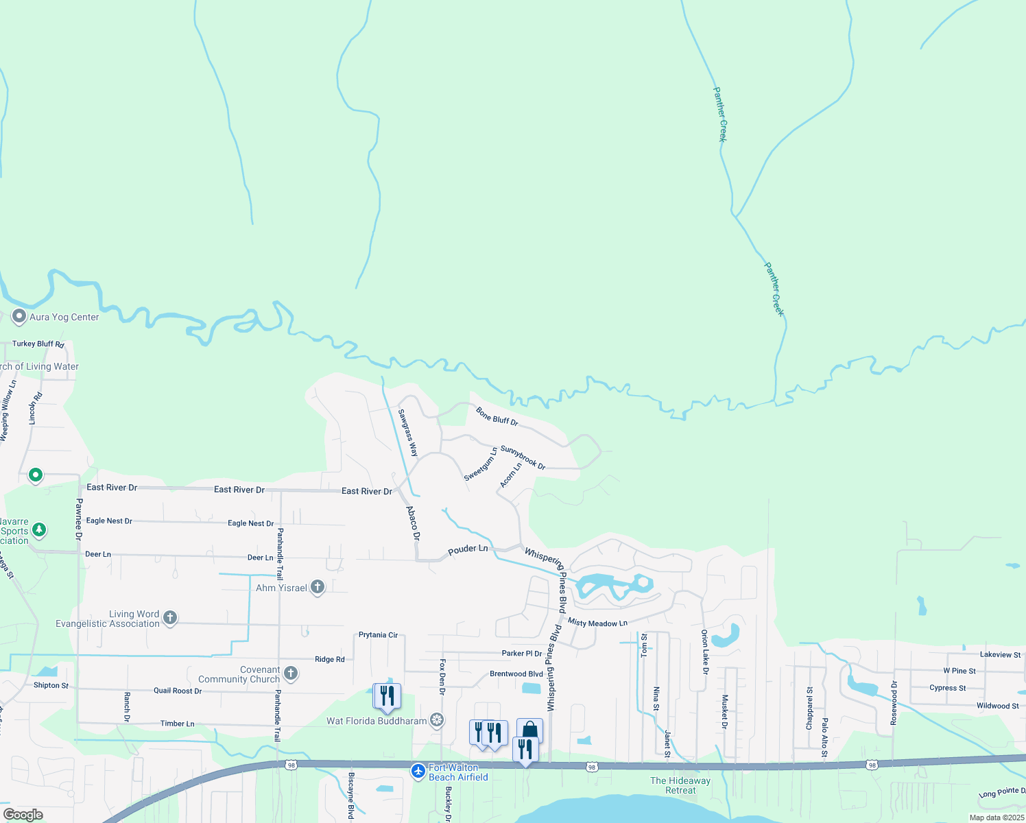 map of restaurants, bars, coffee shops, grocery stores, and more near 9530 Bone Bluff Drive in Navarre
