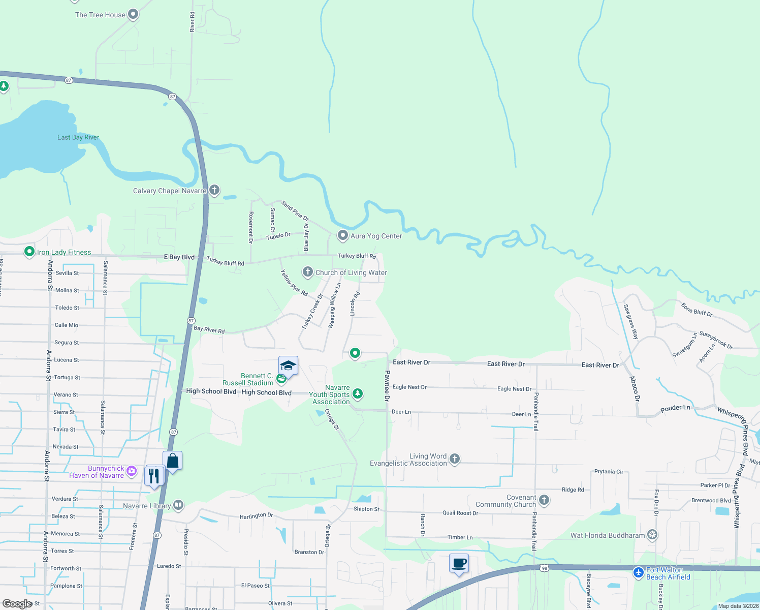 map of restaurants, bars, coffee shops, grocery stores, and more near 8829 Kiwi Place in Navarre