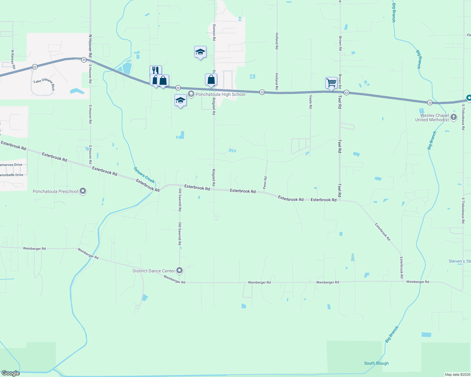 map of restaurants, bars, coffee shops, grocery stores, and more near 20091 Esterbrook Road in Ponchatoula