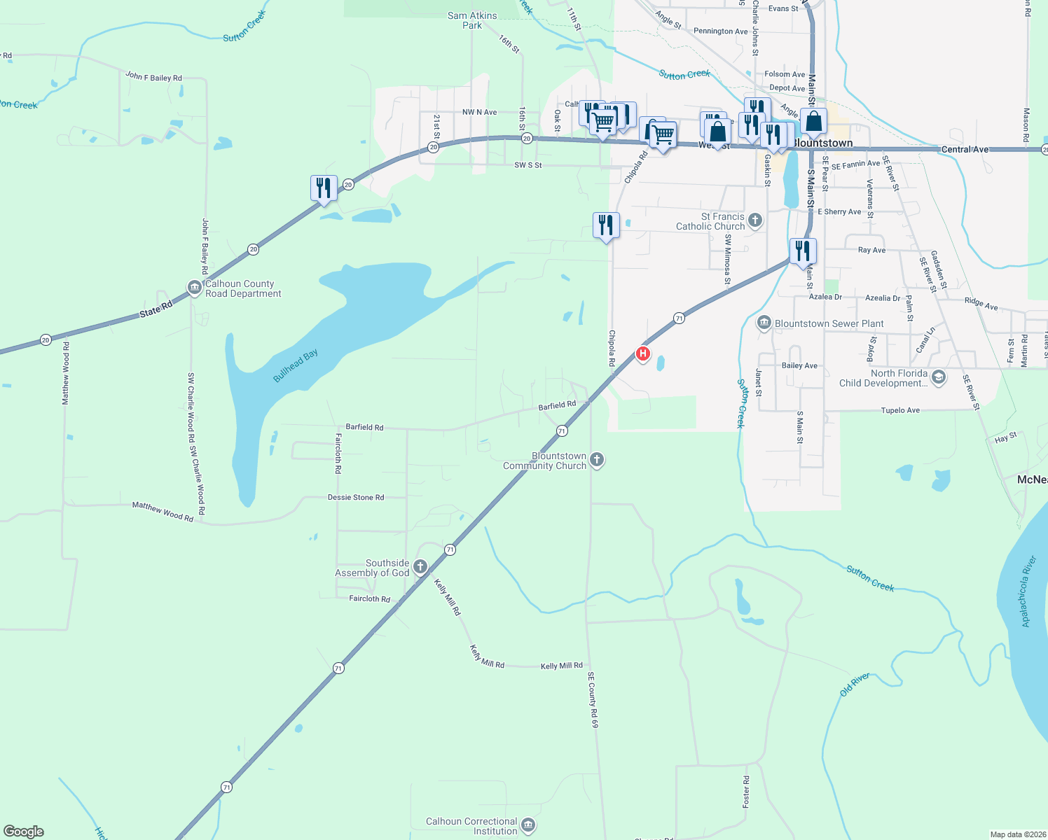 map of restaurants, bars, coffee shops, grocery stores, and more near 19615 Barfield Road in Blountstown