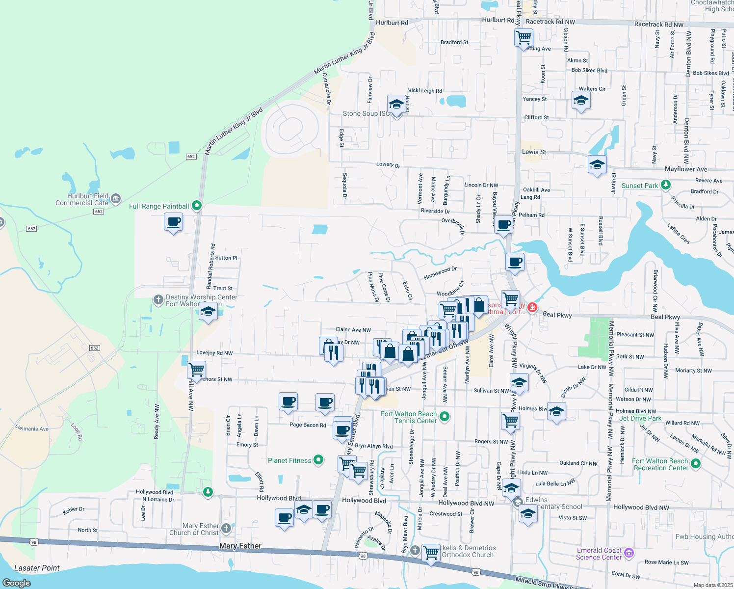 map of restaurants, bars, coffee shops, grocery stores, and more near 400 Slash Pine Court in Fort Walton Beach