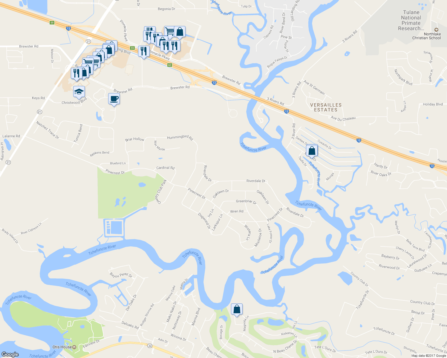 map of restaurants, bars, coffee shops, grocery stores, and more near 35 Riverdale Drive in Covington