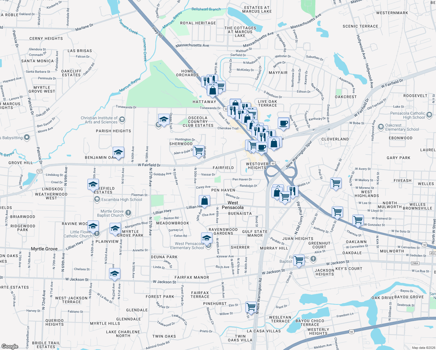 map of restaurants, bars, coffee shops, grocery stores, and more near 115 Vassar Drive in Pensacola
