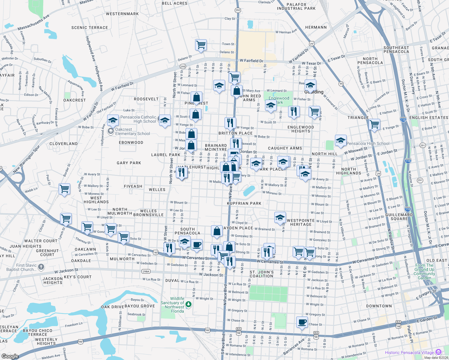 map of restaurants, bars, coffee shops, grocery stores, and more near 2100 West Mallory Street in Pensacola