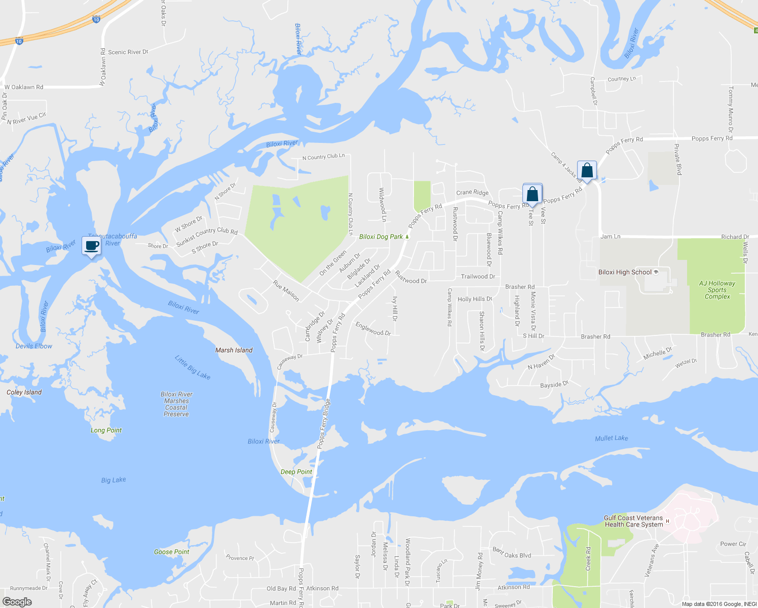 map of restaurants, bars, coffee shops, grocery stores, and more near 2026 Ivy Court in Biloxi