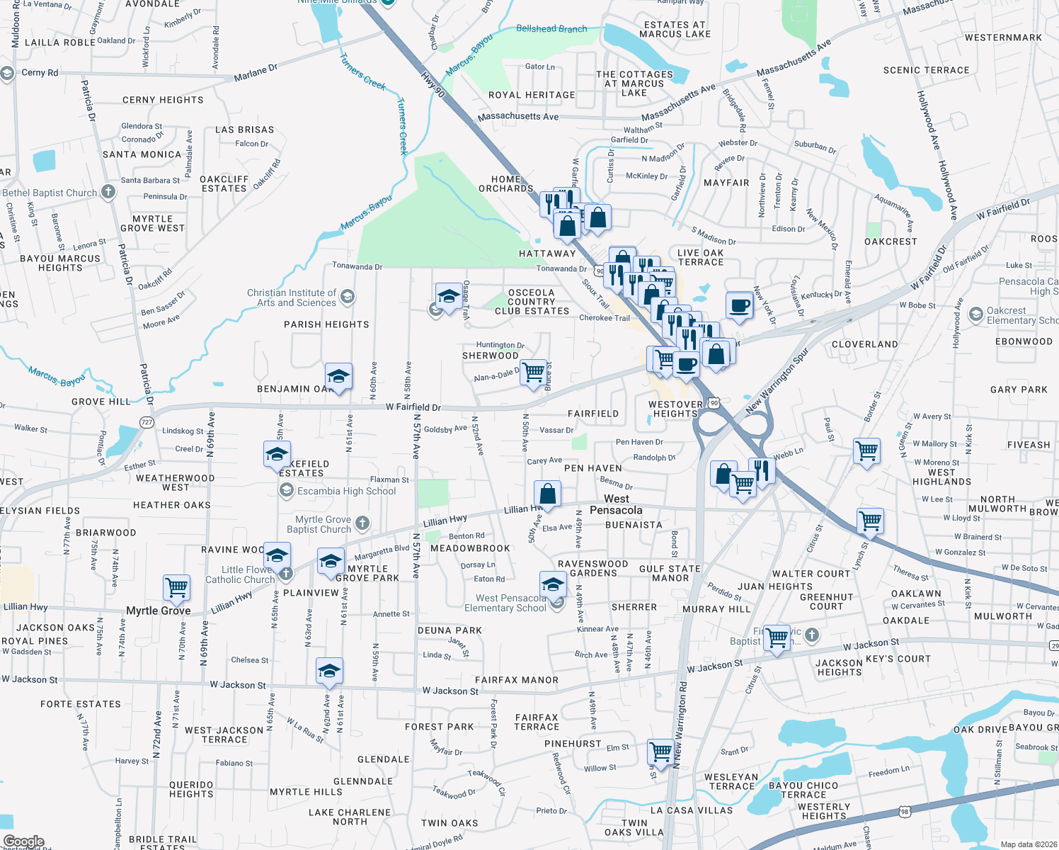 map of restaurants, bars, coffee shops, grocery stores, and more near 174 Vassar Drive in Pensacola